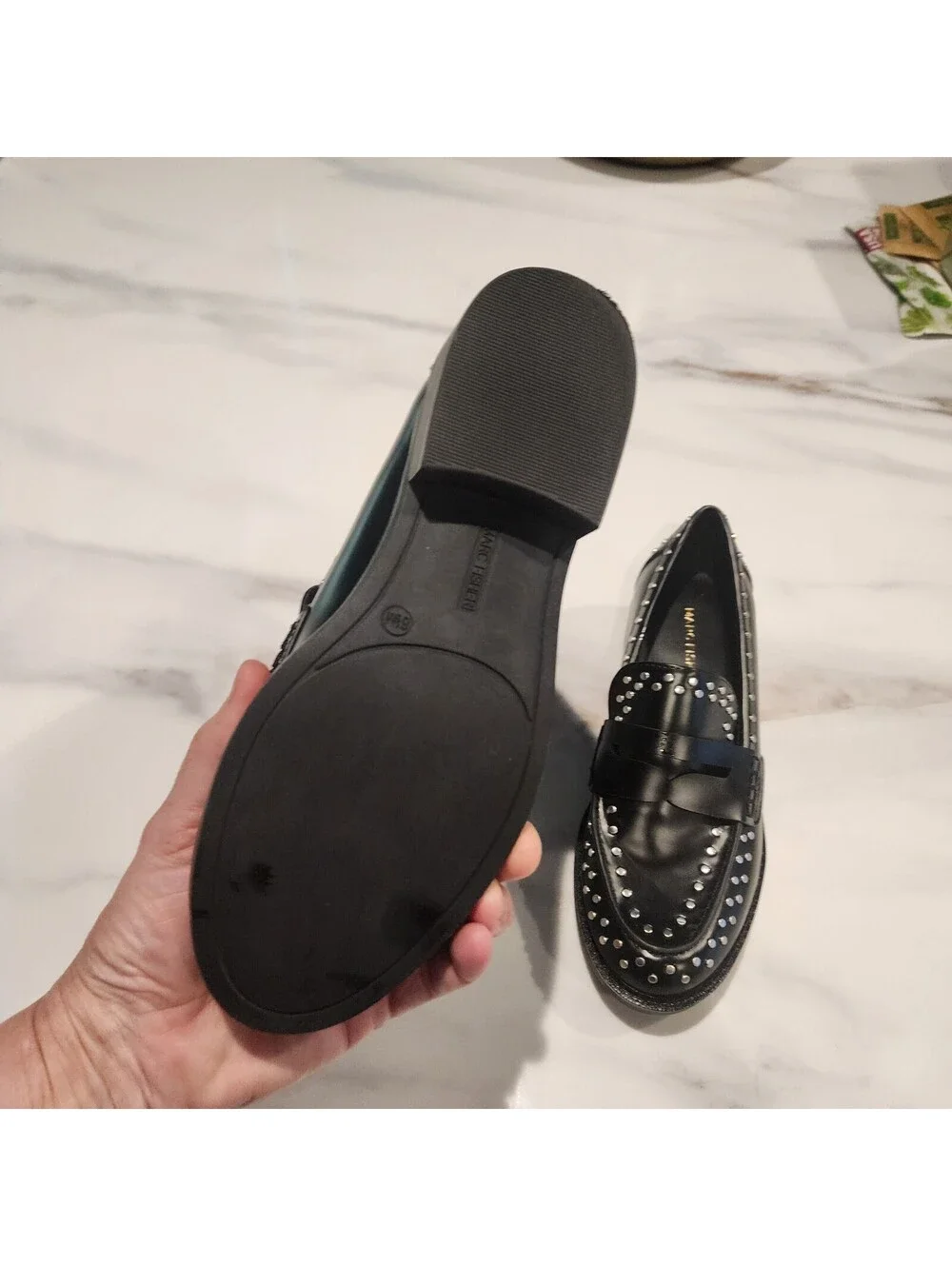 Marc Fisher Black Leather Studded Penny Loafers Women’s Size 6.5